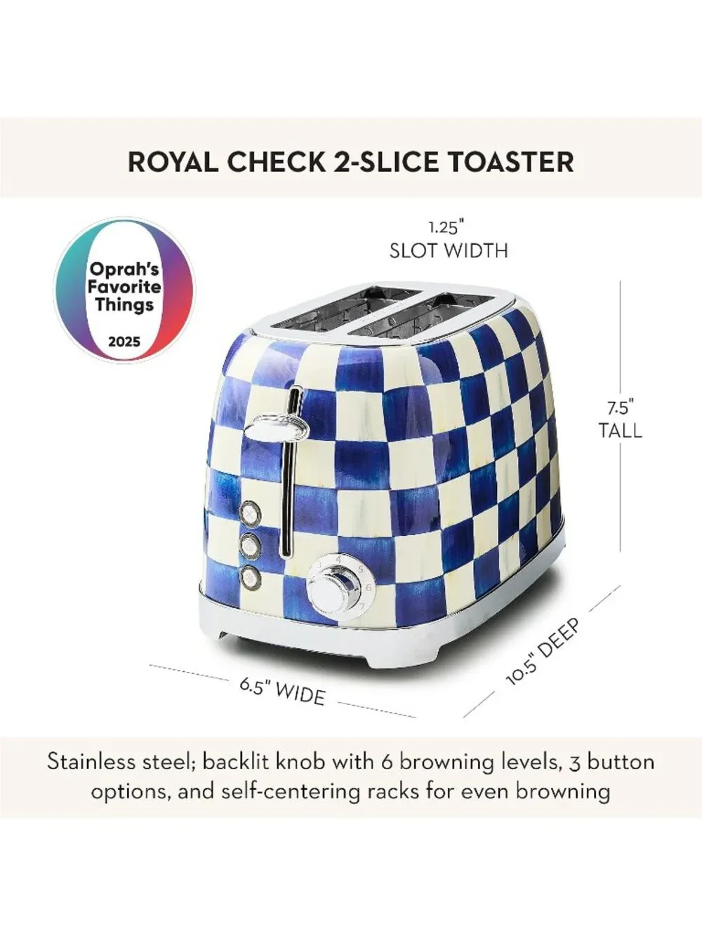 2-Slice Blue-and-White Courtly Check Stainless Steel Decorative Bread Toaster